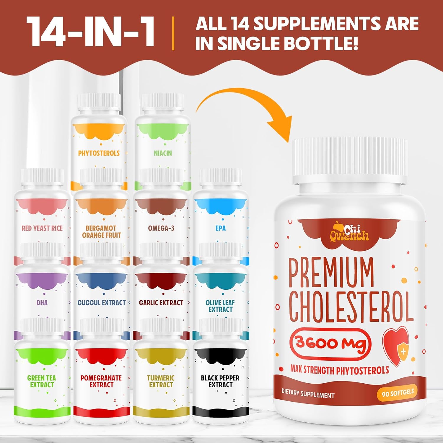 180 Softgels ChiQwench Cholesterol Supplements with Plant Sterols, Niacin, Red Yeast Rice, Citrus Bergamot, and Garlic for Maintaining Healthy Cholesterol Levels