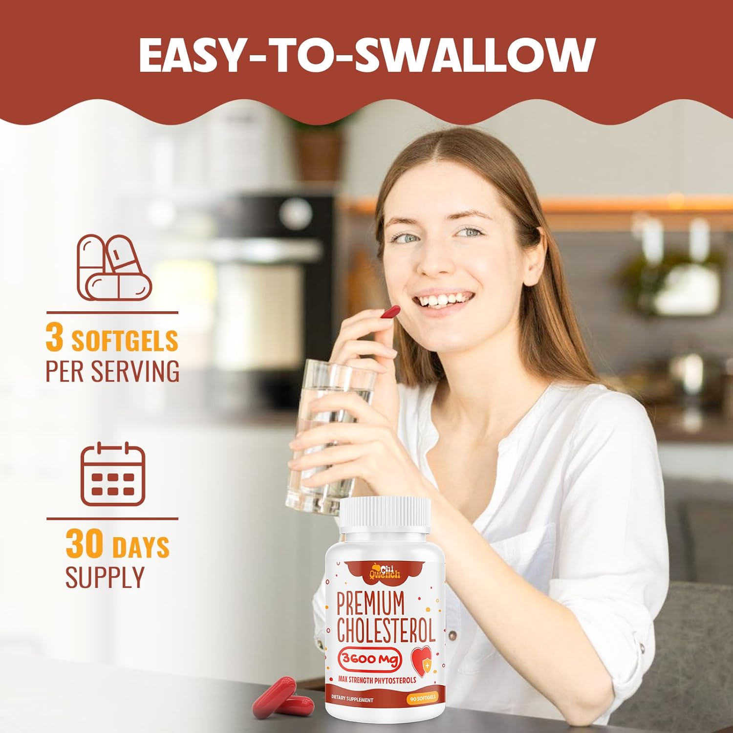 180 Softgels ChiQwench Cholesterol Supplements with Plant Sterols, Niacin, Red Yeast Rice, Citrus Bergamot, and Garlic for Maintaining Healthy Cholesterol Levels