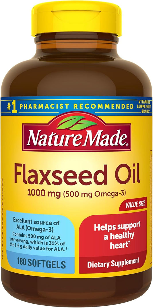 180 Softgels Nature Made Flaxseed Oil 1000 mg Dietary Supplement for Heart Health, Fish-Free Omega 3, 180 Day Supply