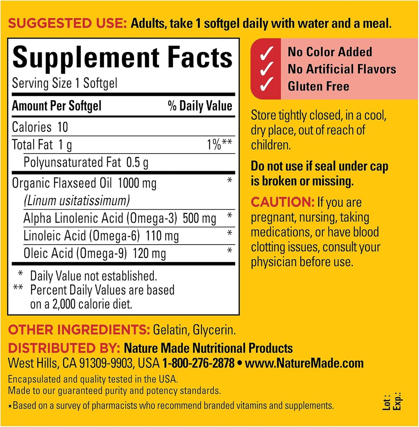 180 Softgels Nature Made Flaxseed Oil 1000 mg Dietary Supplement for Heart Health, Fish-Free Omega 3, 180 Day Supply