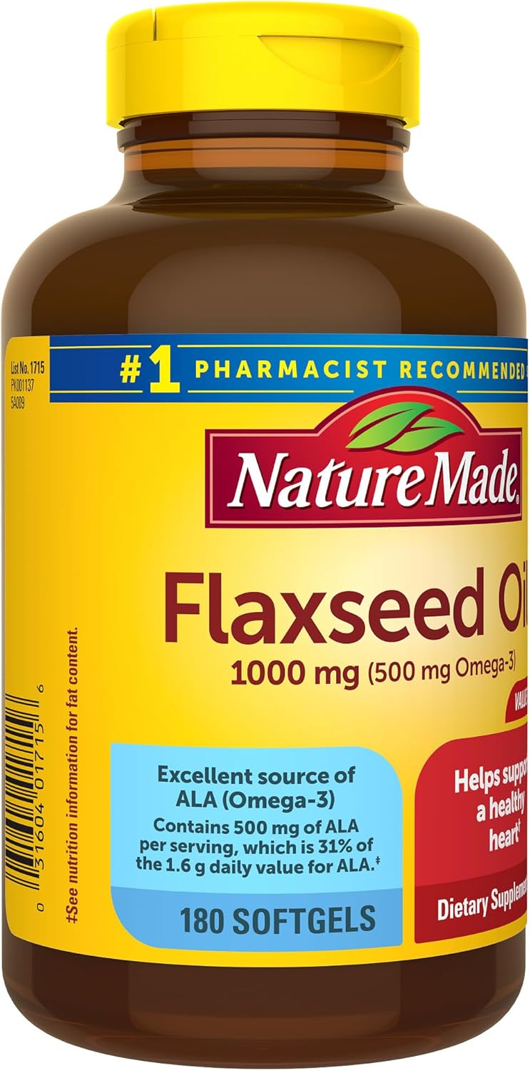 180 Softgels Nature Made Flaxseed Oil 1000 mg Dietary Supplement for Heart Health, Fish-Free Omega 3, 180 Day Supply