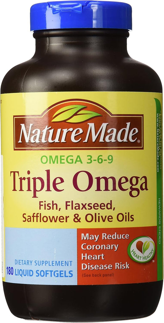 180 Softgels Nature Made Triple Omega 3 6 9 Supplement with Fish, Flaxseed, Safflower & Olive Oils