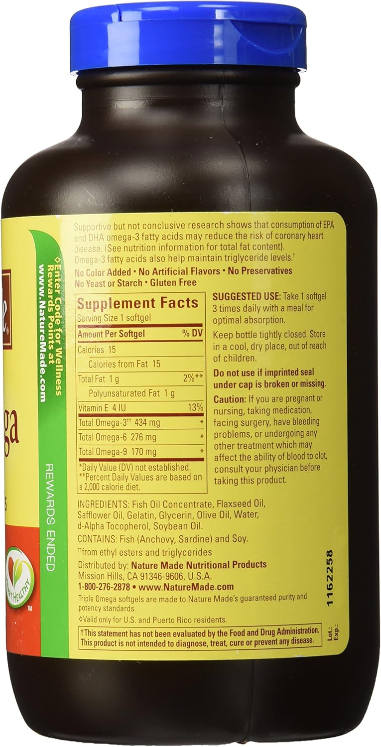180 Softgels Nature Made Triple Omega 3 6 9 Supplement with Fish, Flaxseed, Safflower & Olive Oils