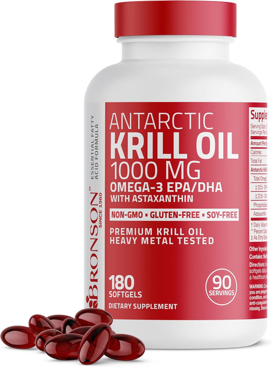 180 Softgels of Bronson Antarctic Krill Oil: 1000 mg with Omega-3s EPA, DHA, Astaxanthin, and Phospholipids