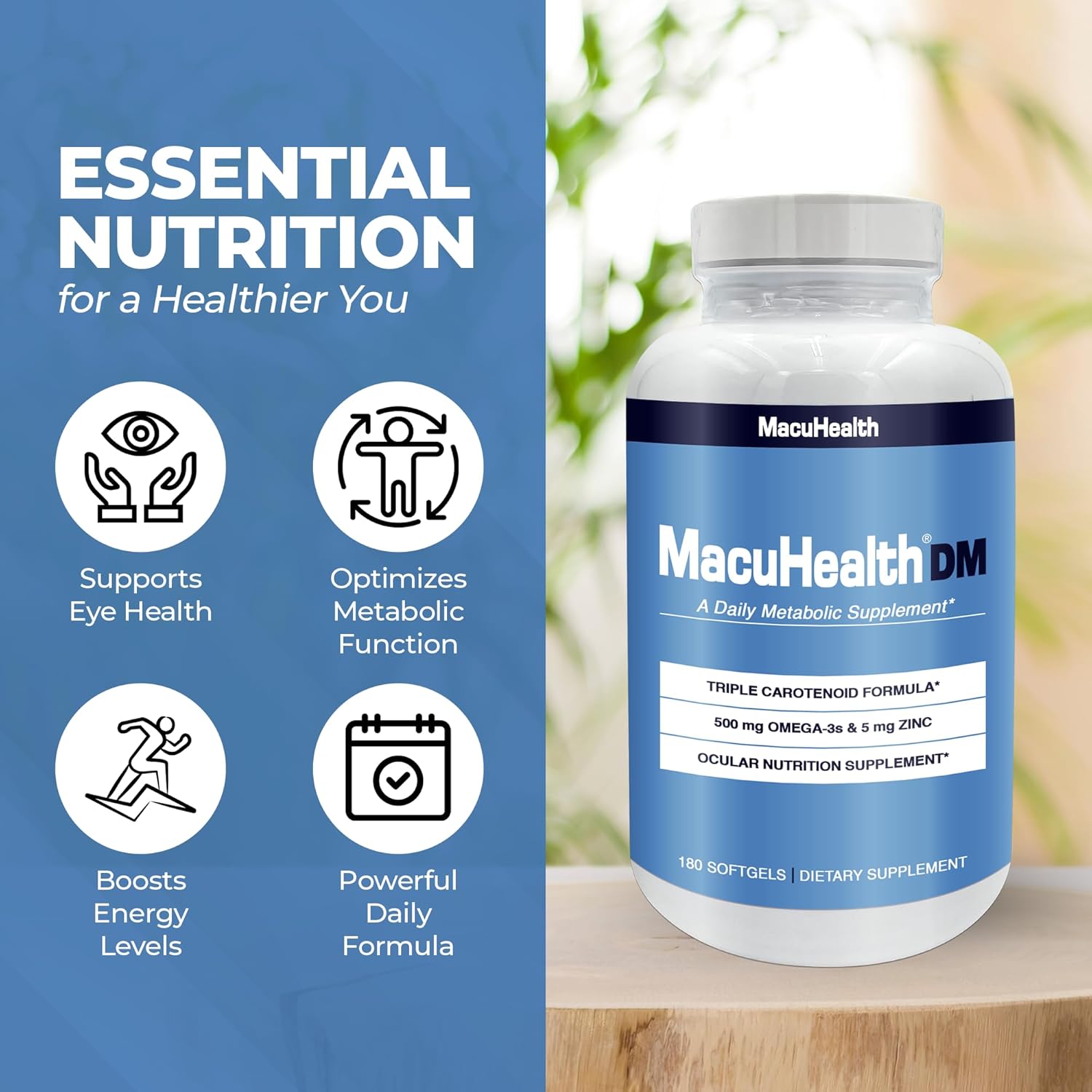 180 Softgels of Macuhealth Daily Metabolic Triple Carotenoids with EPA/DHA Omega-3, Zinc, and Vital Minerals for Long-Lasting Benefits