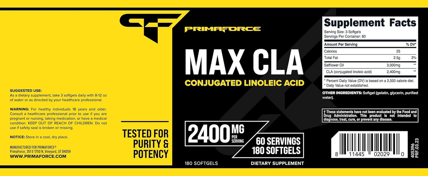 180 Softgels of Primaforce CLA 2400 mg - Non-Stimulating, GMO-Free and Gluten-Free Formula for Men and Women