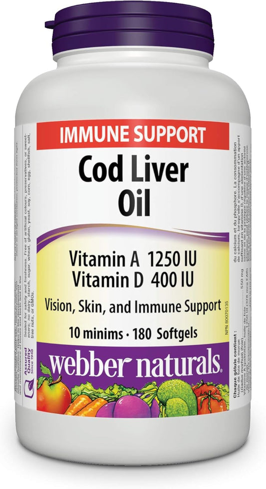 180 Softgels of Webber Naturals Cod Liver Oil with 1250 IU Vitamin A and 100 IU Vitamin D