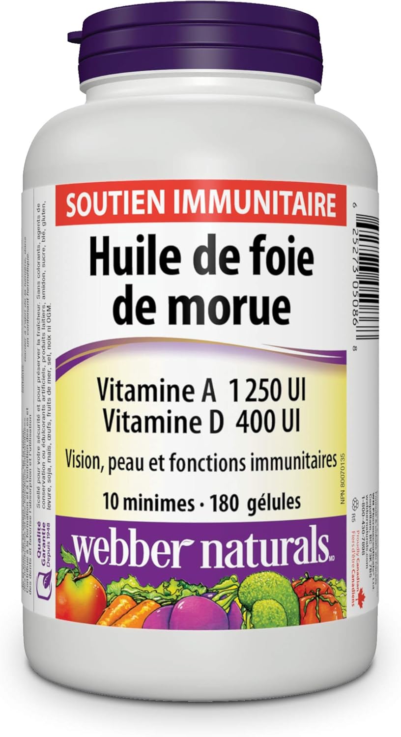 180 Softgels of Webber Naturals Cod Liver Oil with 1250 IU Vitamin A and 100 IU Vitamin D