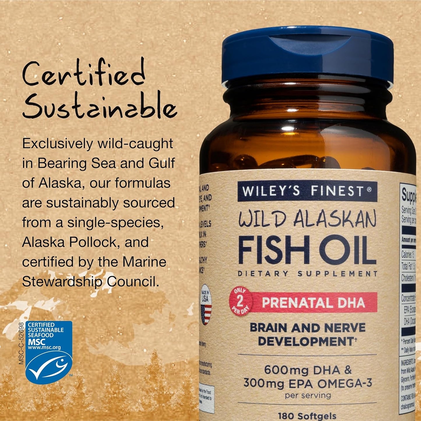 180 Softgels of Wiley's Finest Wild Alaskan Fish Oil Prenatal DHA with 600mg DHA Omega-3s
