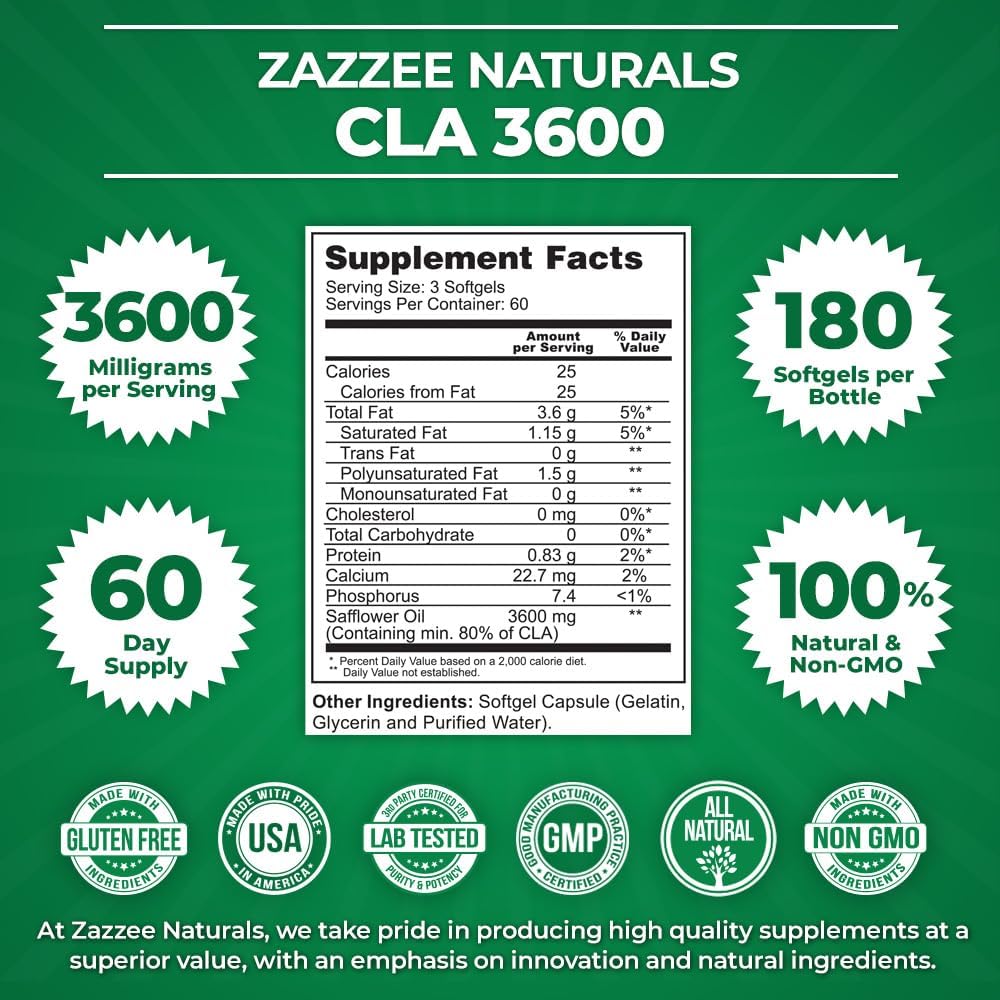 180 Softgels of Zazzee High Potency CLA 3600 - 3600 mg per Serving - Conjugated Linoleic Acid from Safflower Oil - Non-GMO - Made in USA - 60 Day Supply