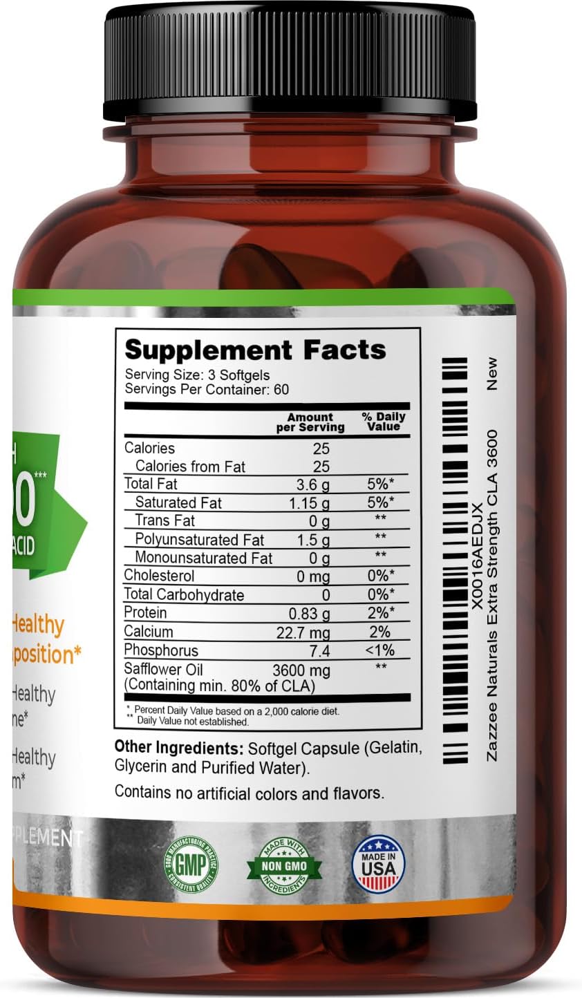 180 Softgels of Zazzee High Potency CLA 3600 - 3600 mg per Serving - Conjugated Linoleic Acid from Safflower Oil - Non-GMO - Made in USA - 60 Day Supply