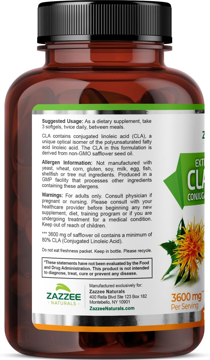 180 Softgels of Zazzee High Potency CLA 3600 - 3600 mg per Serving - Conjugated Linoleic Acid from Safflower Oil - Non-GMO - Made in USA - 60 Day Supply