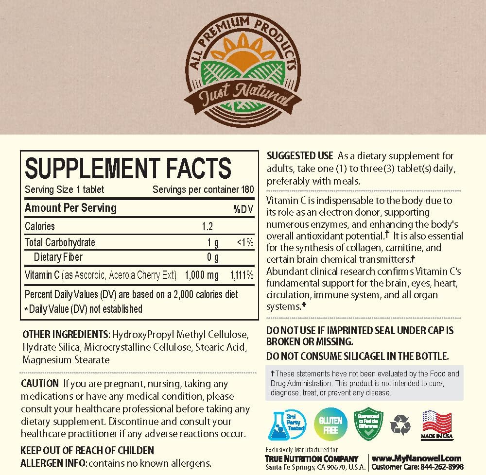 180 Tablets of NANOWELL Acerola Cherry Vitamin C 1000mg for Immune Support - 180 Day Supply