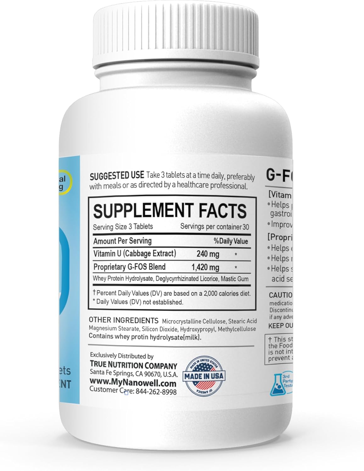 180 Tablets of NANOWELL G-FOS Digestive Health Supplement with Vitamin U for 2 Months