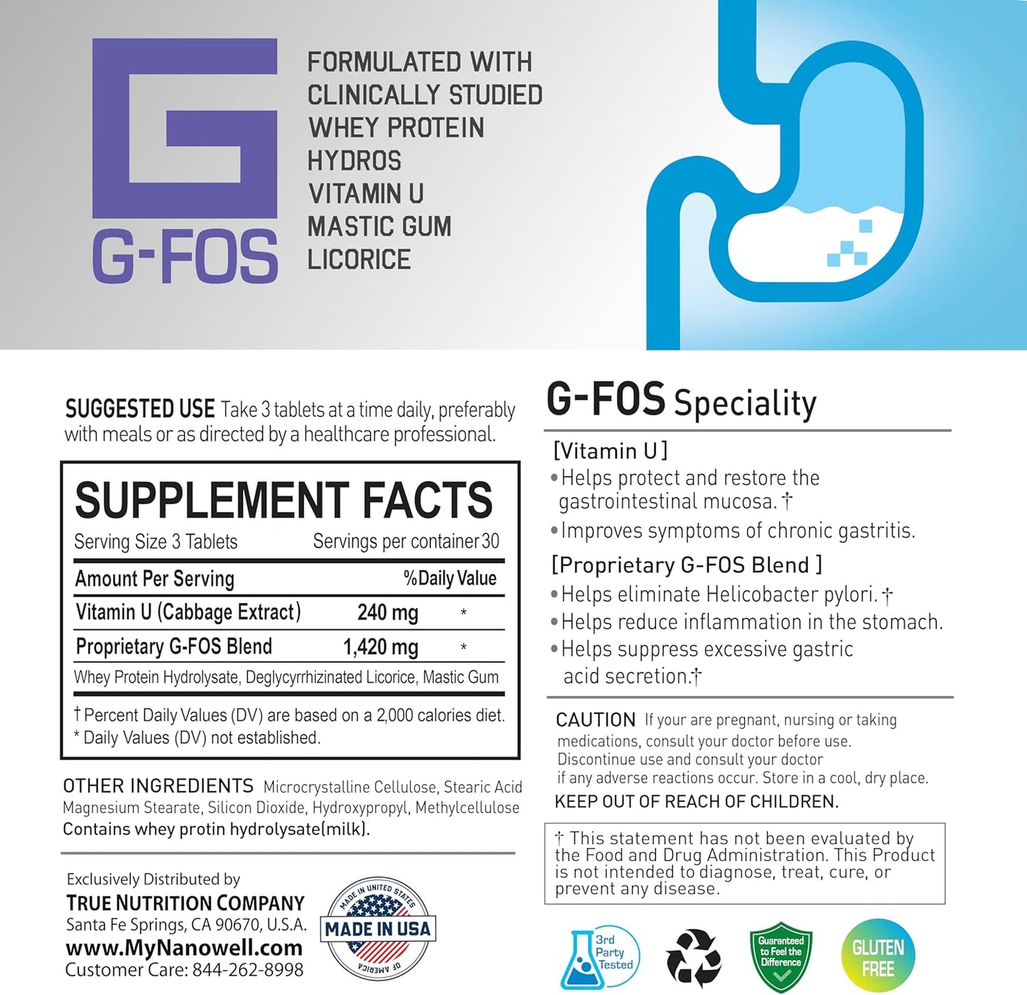 180 Tablets of NANOWELL G-FOS Digestive Health Supplement with Vitamin U for 2 Months