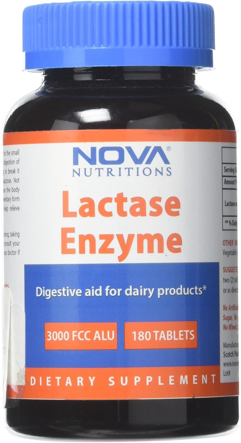 180 Tablets of Nova Nutritions Lactase Enzyme Supplement, 3000 FCC ALU