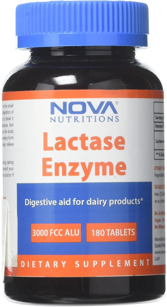 180 Tablets of Nova Nutritions Lactase Enzyme Supplement, 3000 FCC ALU