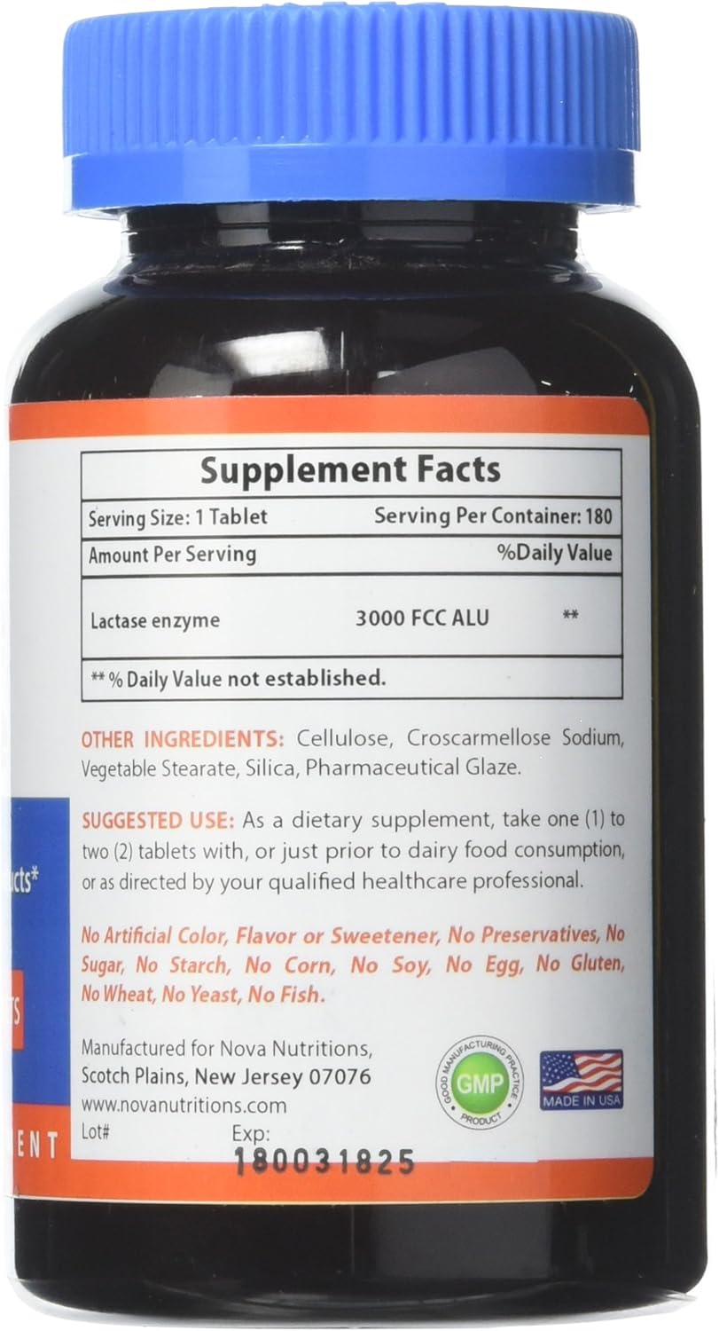 180 Tablets of Nova Nutritions Lactase Enzyme Supplement, 3000 FCC ALU