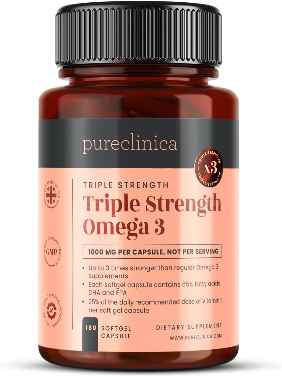 180 Triple Strength Omega 3 Capsules - 1000mg - 6 Months Supply by pureclinica
