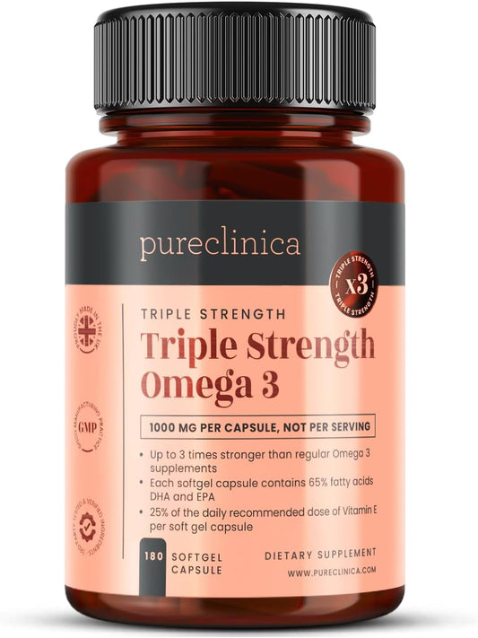 180 Triple Strength Omega 3 Capsules - 1000mg - 6 Months Supply by pureclinica