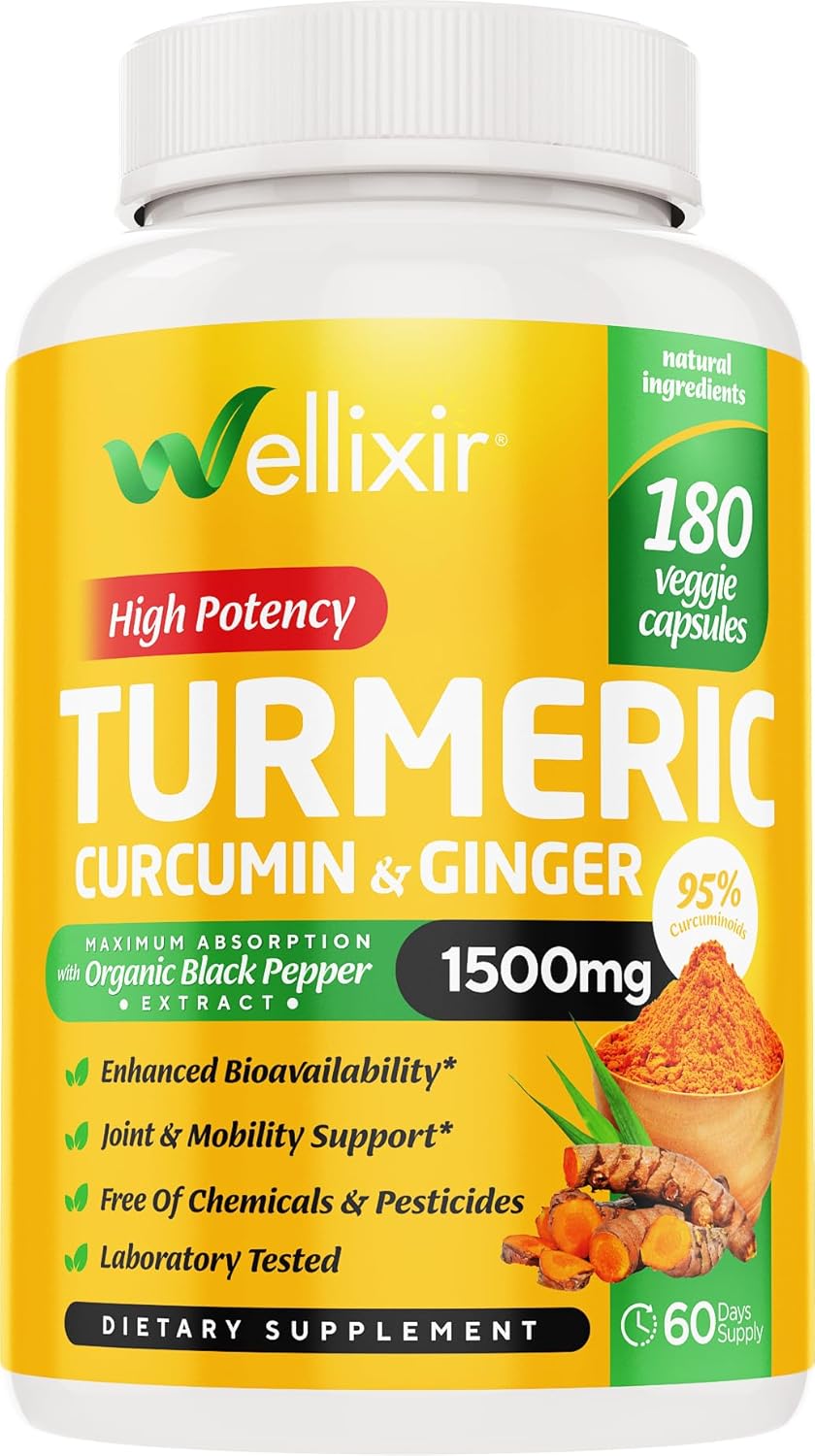 180 Turmeric Curcumin Capsules with Ginger and Black Pepper - 500mg 95% Curcuminoids - Joint Support Supplement