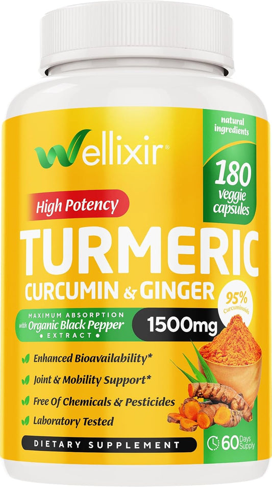 180 Turmeric Curcumin Capsules with Ginger and Black Pepper - 500mg 95% Curcuminoids - Joint Support Supplement