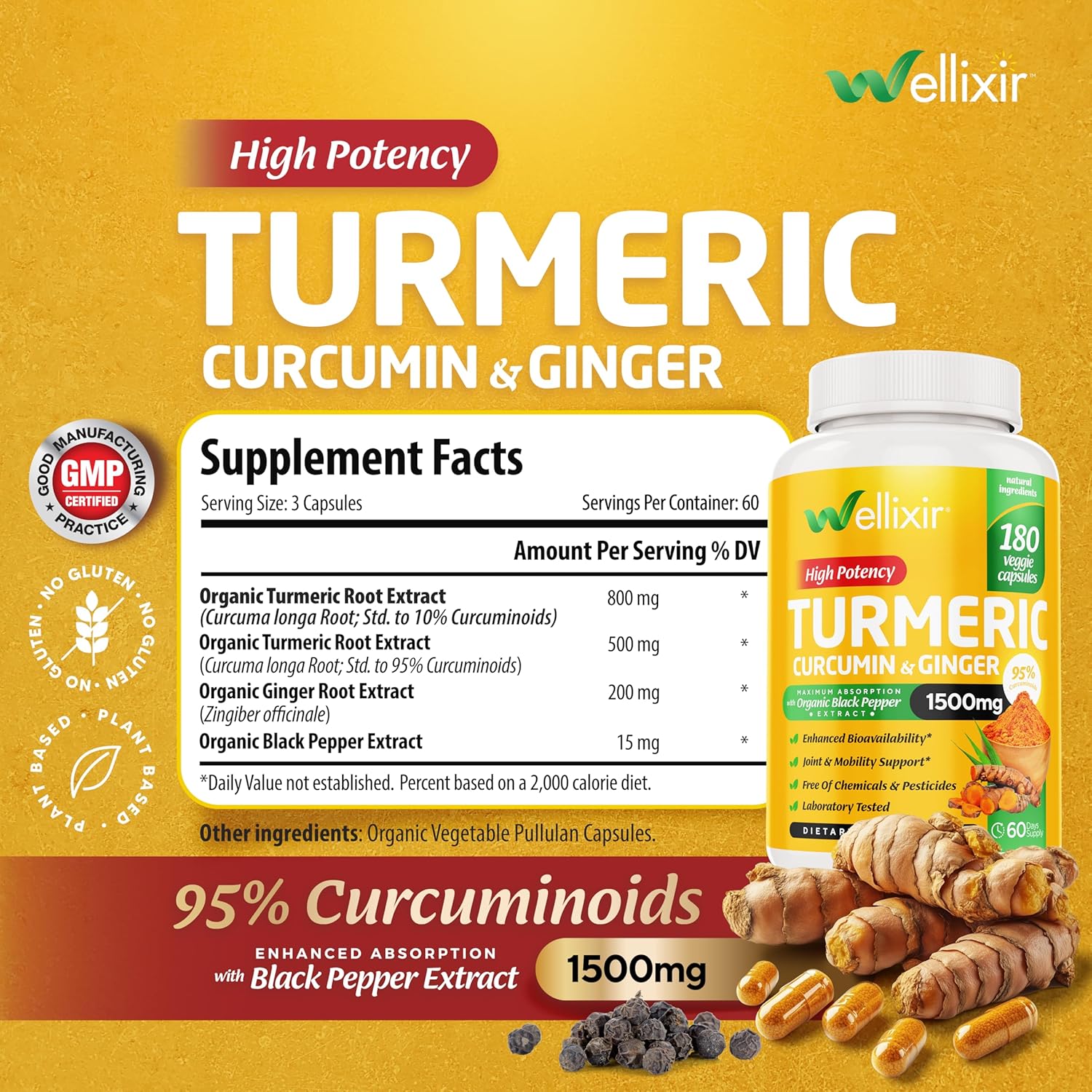 180 Turmeric Curcumin Capsules with Ginger and Black Pepper - 500mg 95% Curcuminoids - Joint Support Supplement