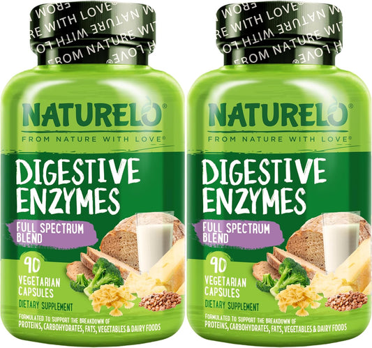 180 Vegan Capsules of NATURELO Digestive Enzymes with 15 Enzymes & Ginger for Full Spectrum Support