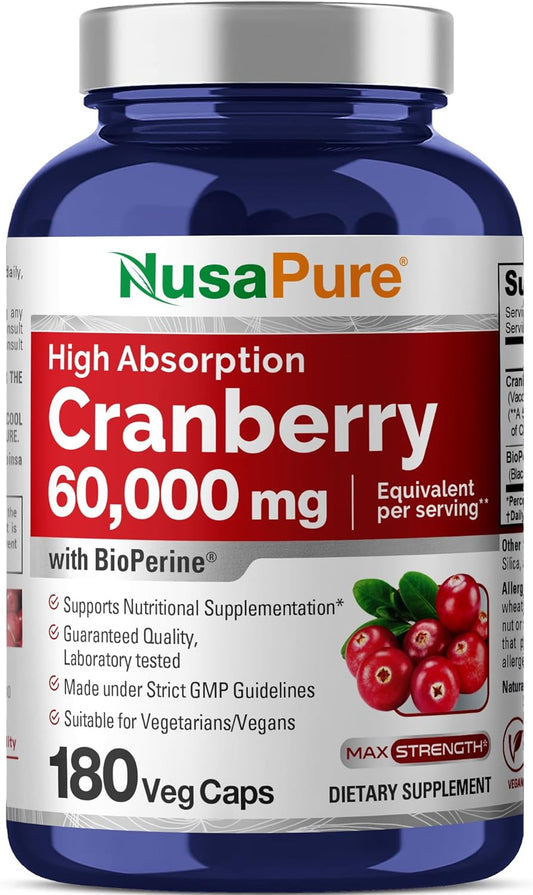 180 Vegan Capsules of NusaPure Cranberry Extract with 60,000 mg and Bioperine - Non-GMO Formula