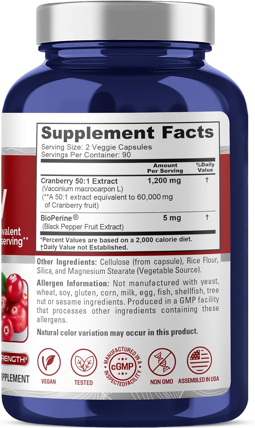 180 Vegan Capsules of NusaPure Cranberry Extract with 60,000 mg and Bioperine - Non-GMO Formula
