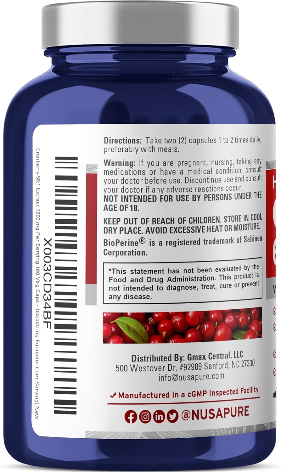 180 Vegan Capsules of NusaPure Cranberry Extract with 60,000 mg and Bioperine - Non-GMO Formula