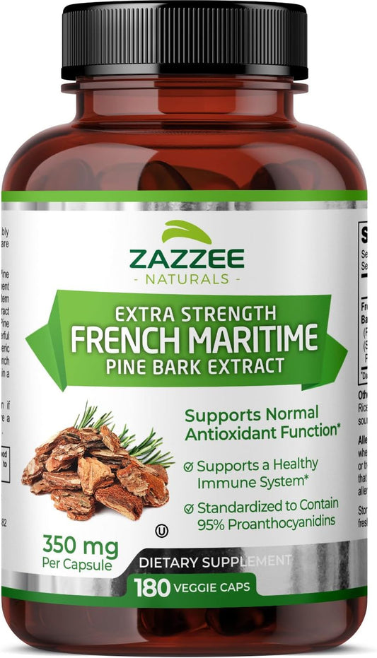 180 Vegan Capsules of Zazzee Extra Strength French Maritime Pine Bark Extract - 350mg Per Capsule, 95% Proanthocyanidins - 6 Month Supply - Non-GMO & Kosher - Made in USA
