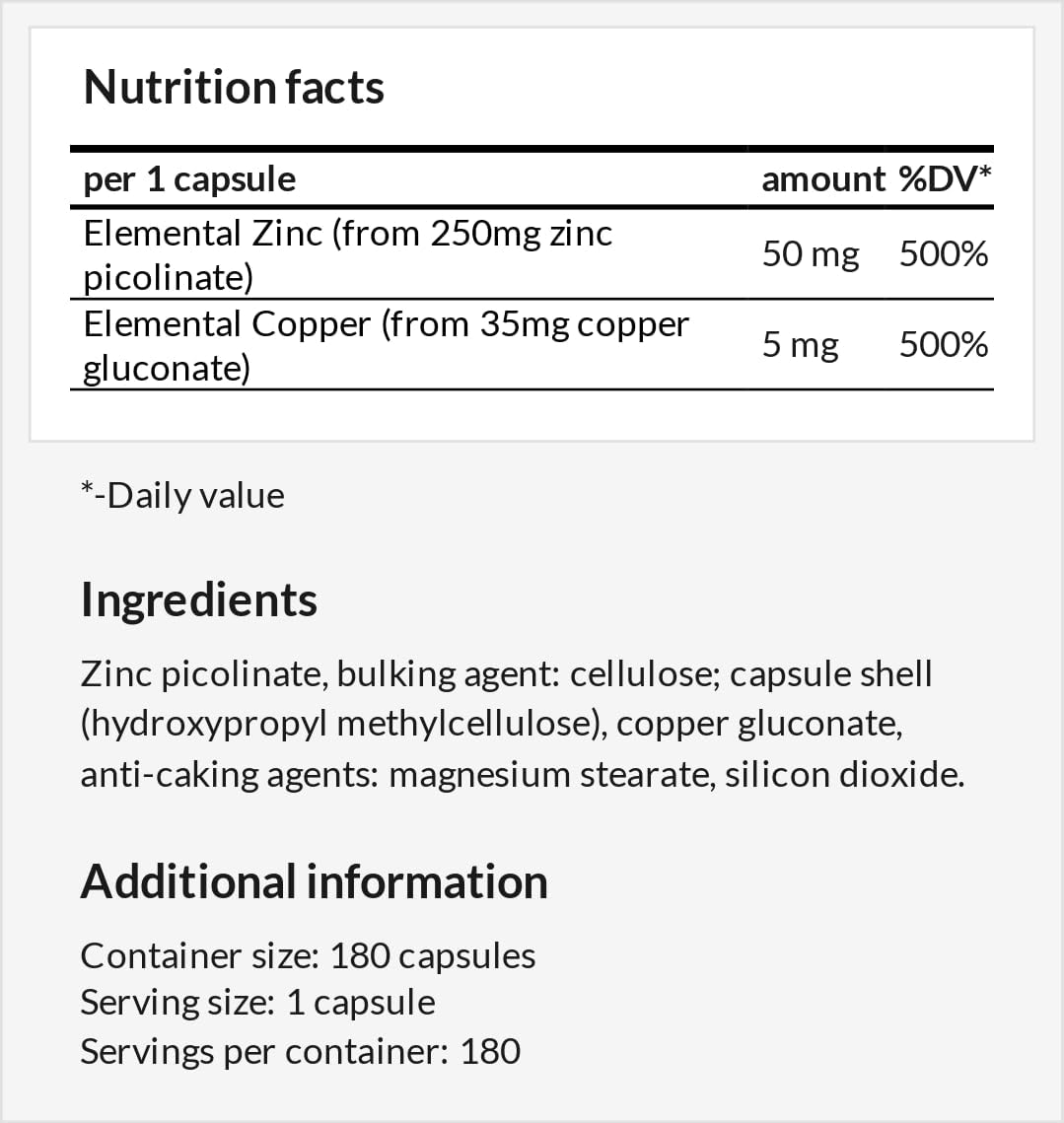 180 Vegan Capsules of Zinc 50mg + Copper 5mg - 6 Months Supply - Zinc Picolinate and Copper Gluconate Supplement for Healthy Hair, Skin, and Nails - by Apollo's Hegemony