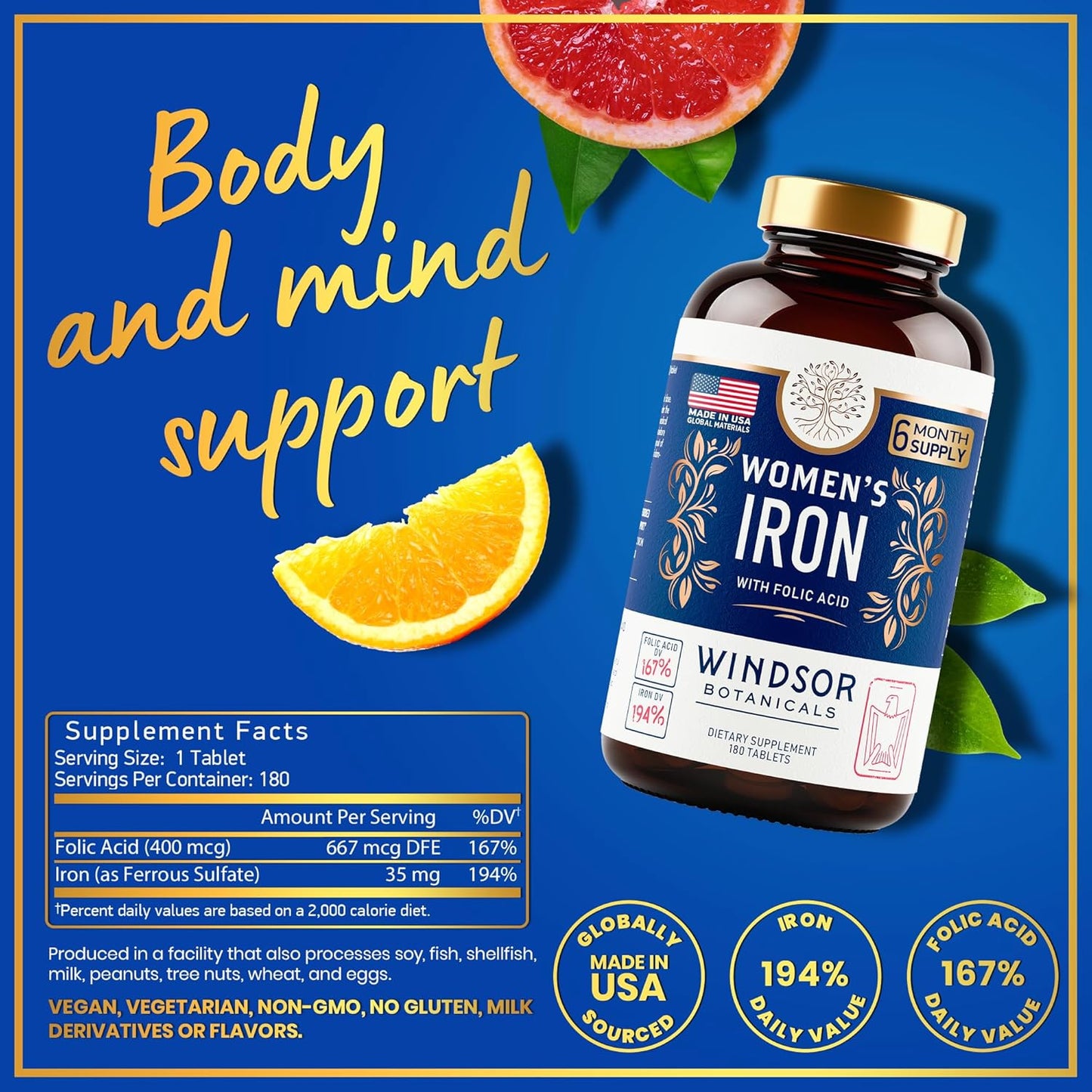 180 Vegan Iron Tablets for Women with Folic Acid - Gentle 35mg Iron, 667mcg Vitamin B9 - Anemia, Period, Pregnancy Support - Prenatal Ferrous Sulfate Pills