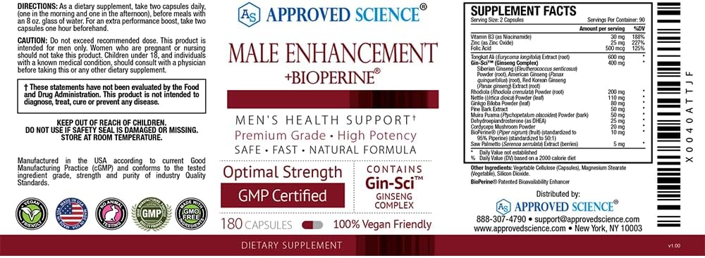 180 Vegan Male Enhancement Capsules for Boosting Performance and Drive - Approved Science® Formula