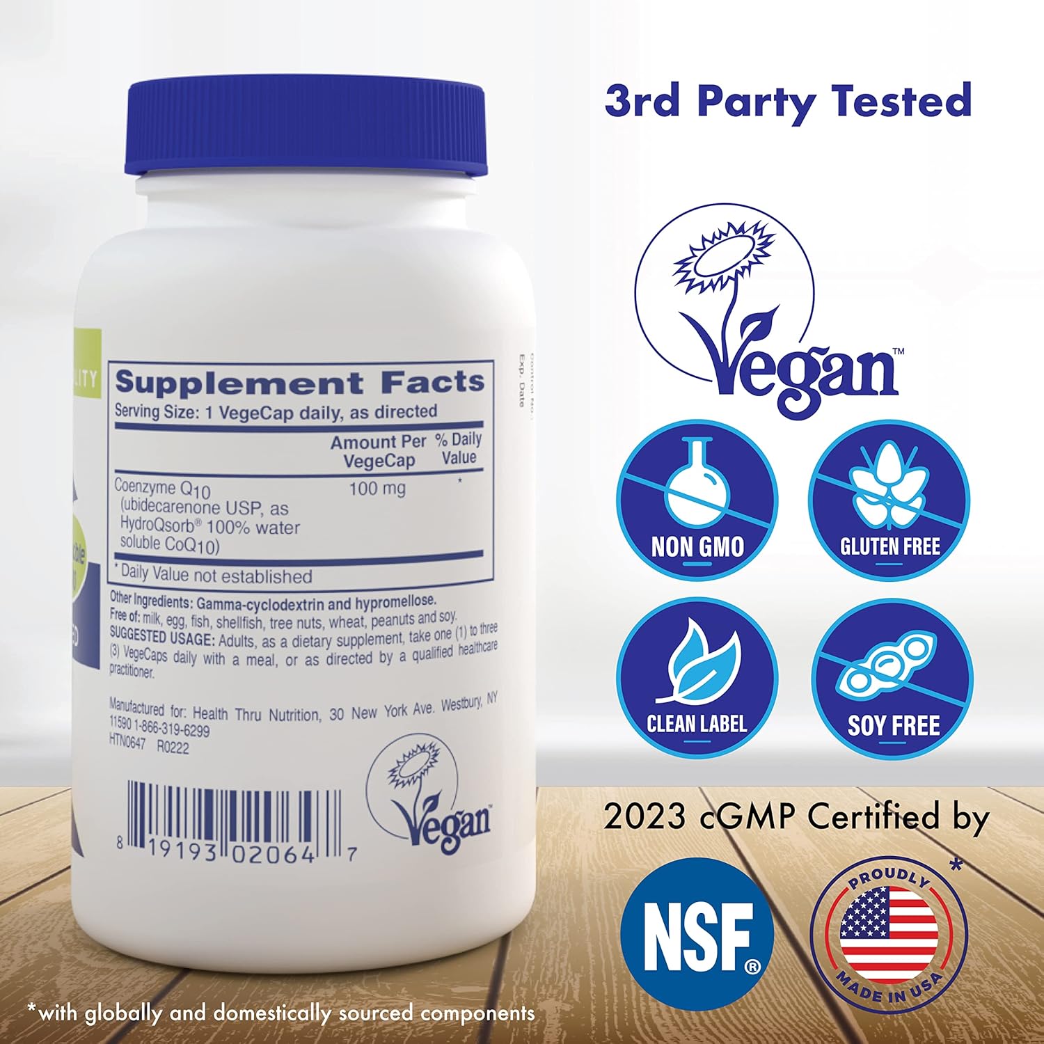 180 Vegan Non-GMO CoQ-10 Capsules with Superior Absorption for Cardiovascular and Mitochondria Support