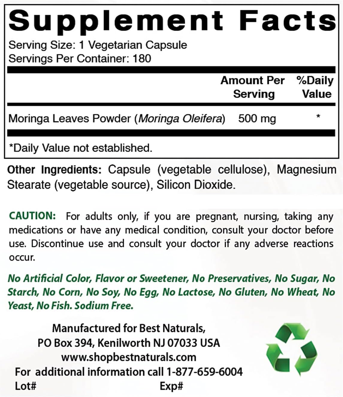 180 Vegetarian Capsules of Best Naturals Moringa 500 mg - Top Quality Supplement for Overall Wellness