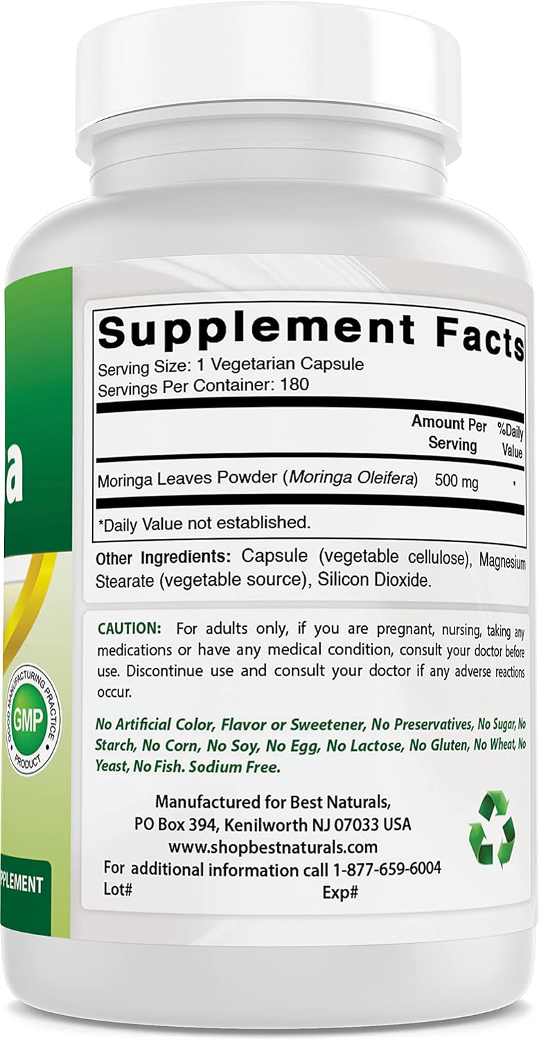 180 Vegetarian Capsules of Best Naturals Moringa 500 mg - Top Quality Supplement for Overall Wellness