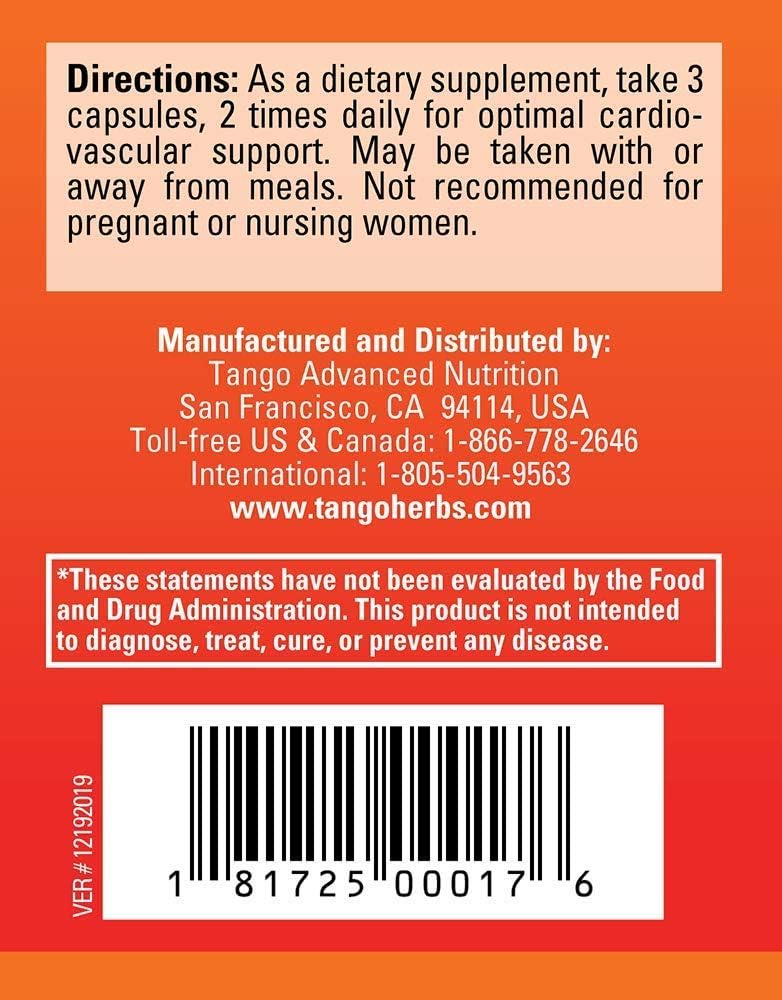 180 Vegetarian Capsules of Tango CardioPhase Natural Heart Support Supplement for Improved Circulation and Cardio Performance