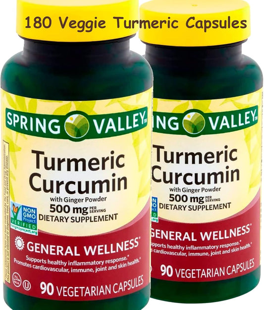 180 Vegetarian Capsules of THREE PEBBLES Spring Valley Turmeric Ginger Supplement