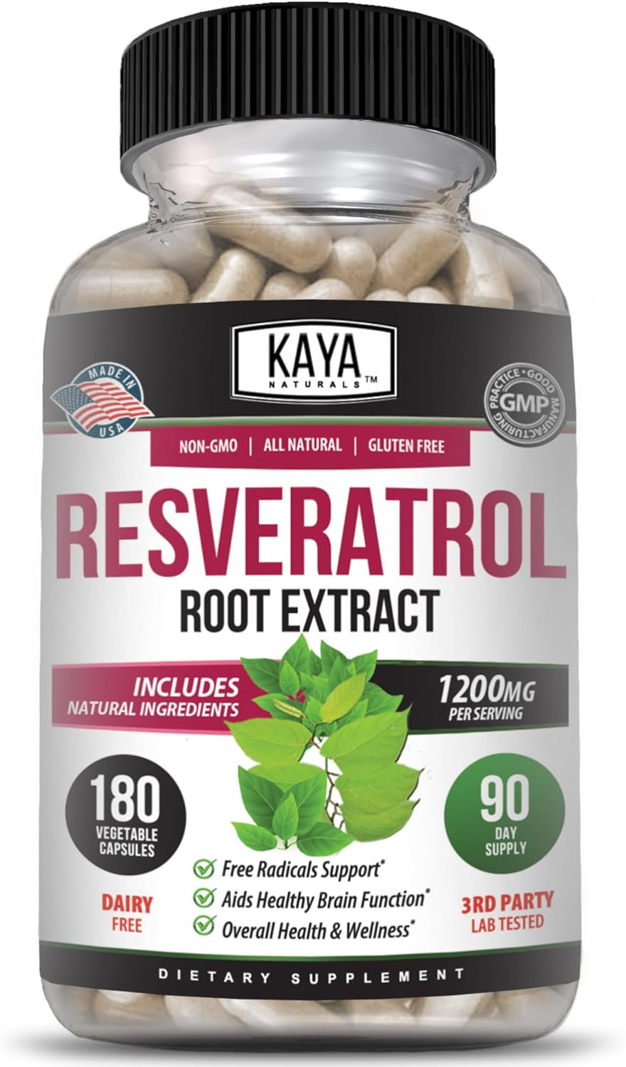 180 Vegetarian Resveratrol Capsules for Anti-Aging with Brain Support and Antioxidant Benefits by Kaya Naturals