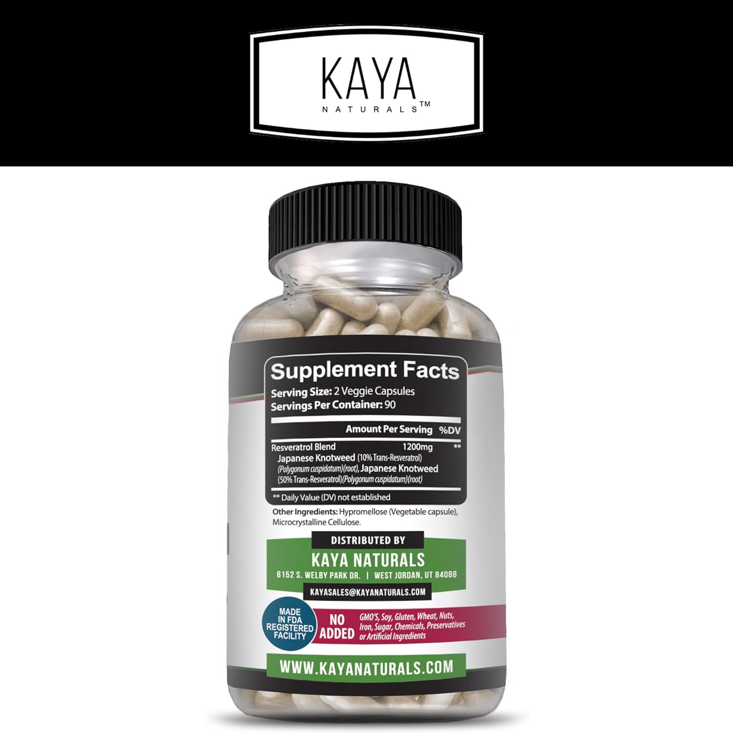 180 Vegetarian Resveratrol Capsules for Anti-Aging with Brain Support and Antioxidant Benefits by Kaya Naturals