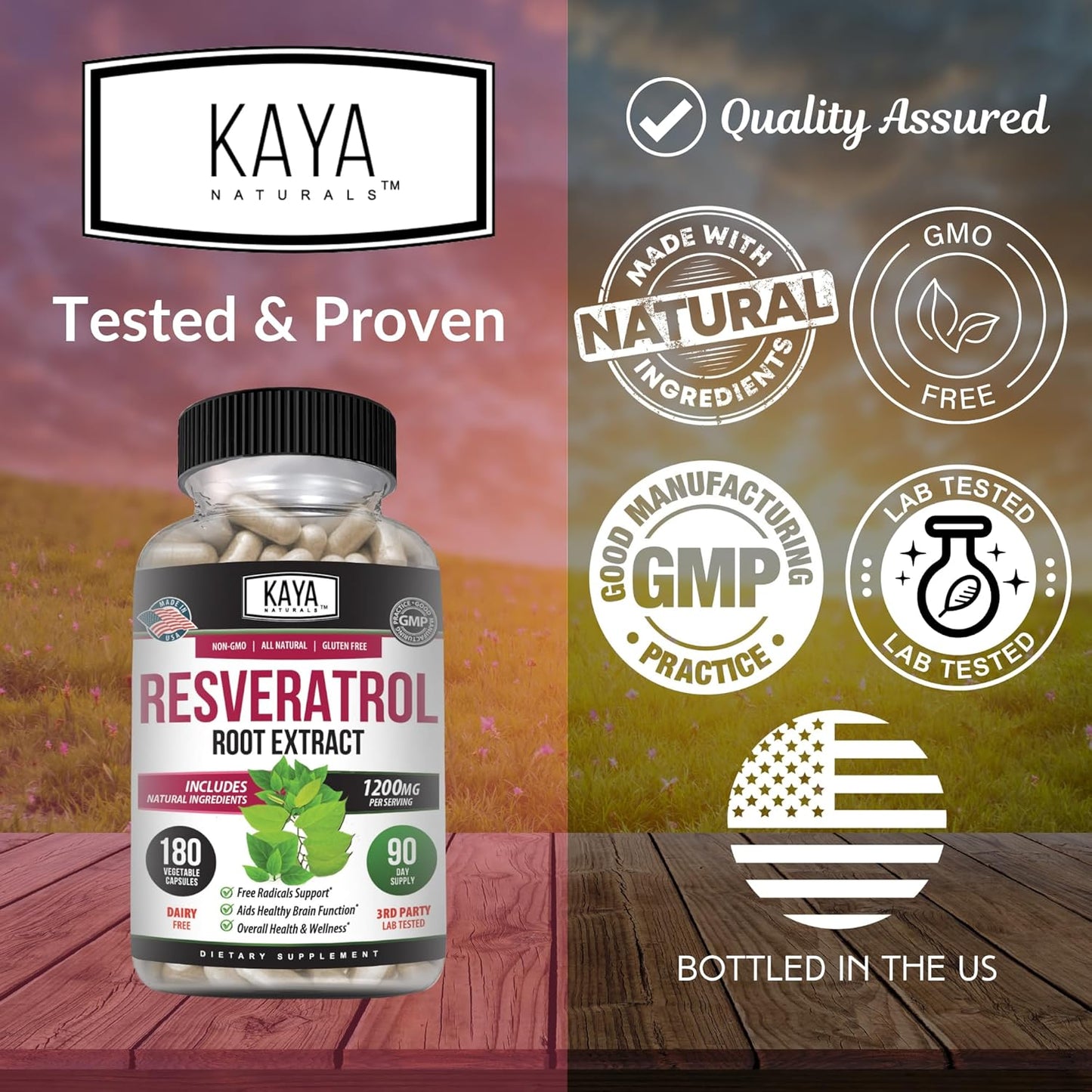 180 Vegetarian Resveratrol Capsules for Anti-Aging with Brain Support and Antioxidant Benefits by Kaya Naturals