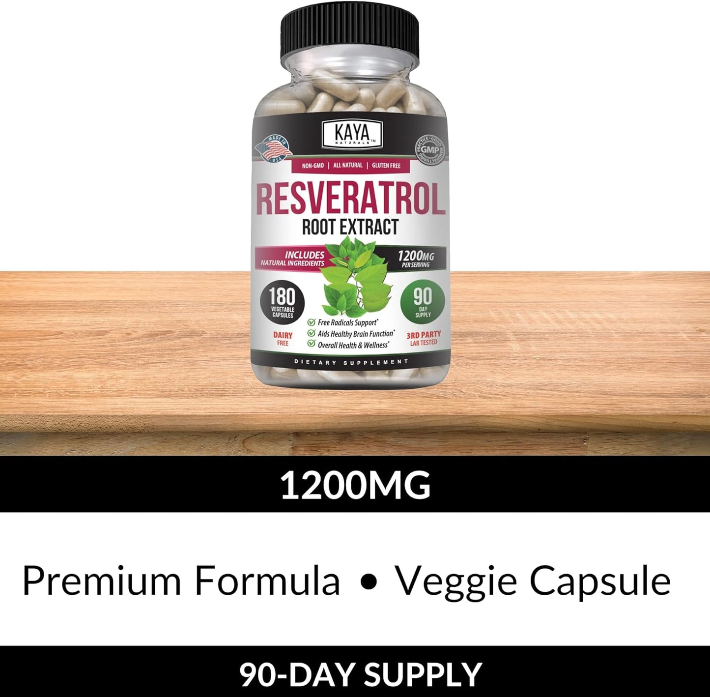 180 Vegetarian Resveratrol Capsules for Anti-Aging with Brain Support and Antioxidant Benefits by Kaya Naturals
