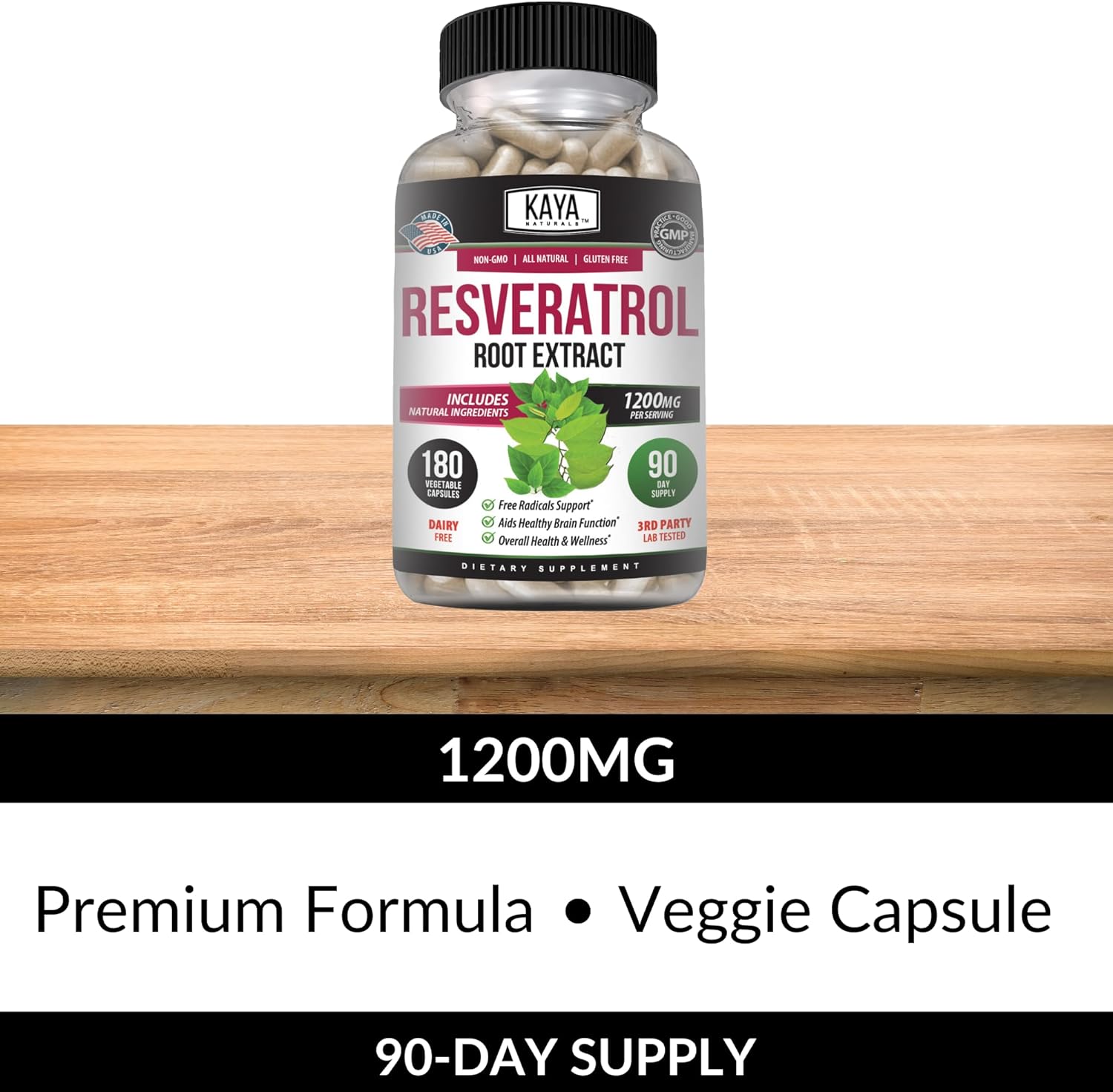 180 Vegetarian Resveratrol Capsules for Anti-Aging with Brain Support and Antioxidant Benefits by Kaya Naturals