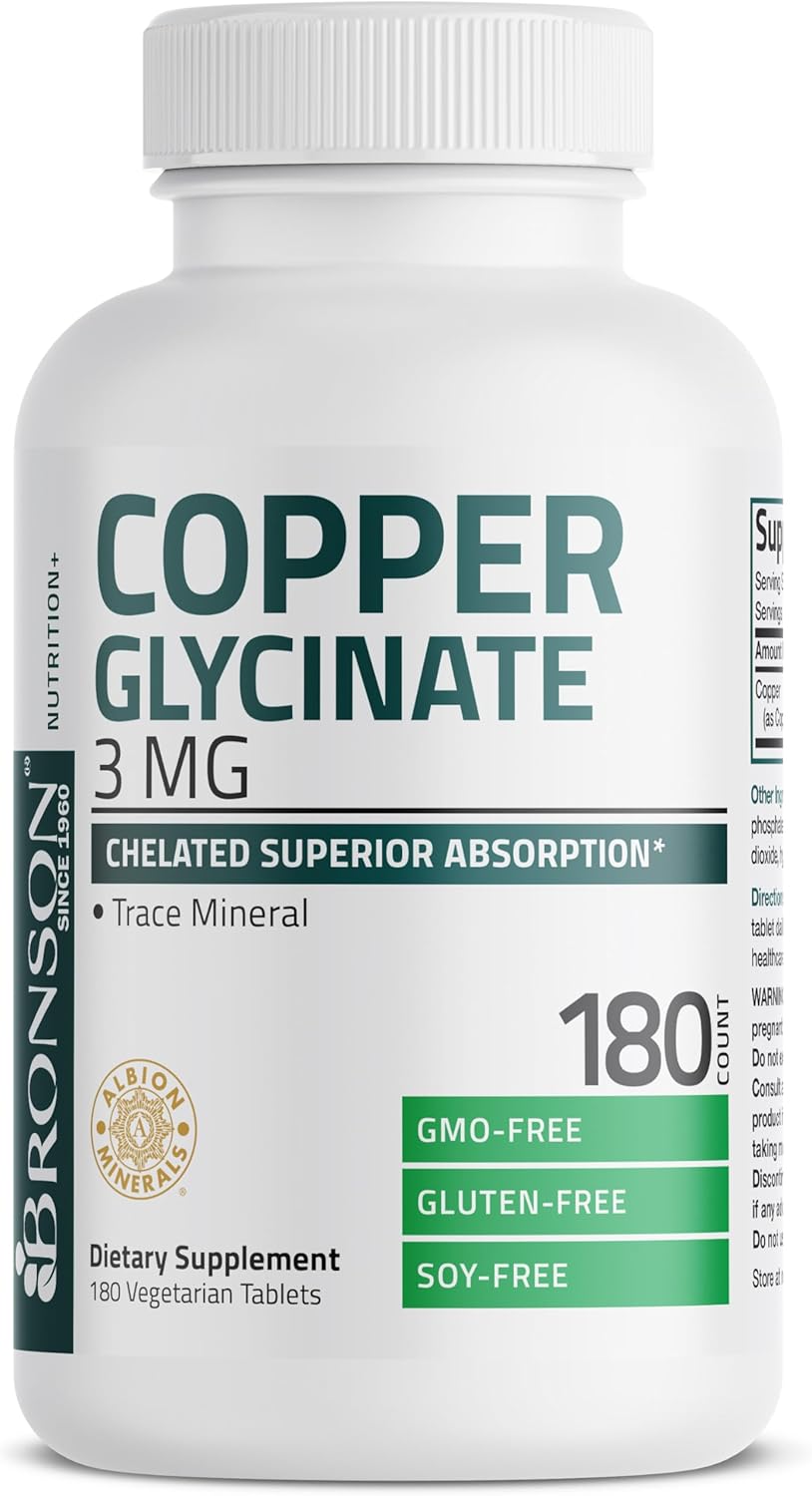 180 Vegetarian Tablets of Bronson Copper Glycinate 3 MG Chelated for Superior Absorption - Non-GMO Formula