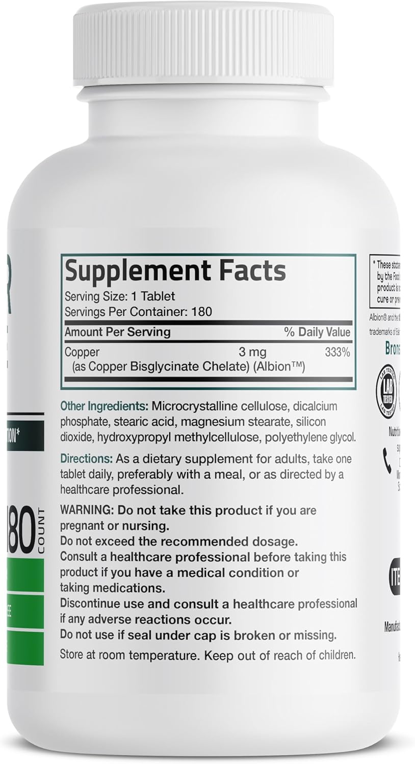 180 Vegetarian Tablets of Bronson Copper Glycinate 3 MG Chelated for Superior Absorption - Non-GMO Formula