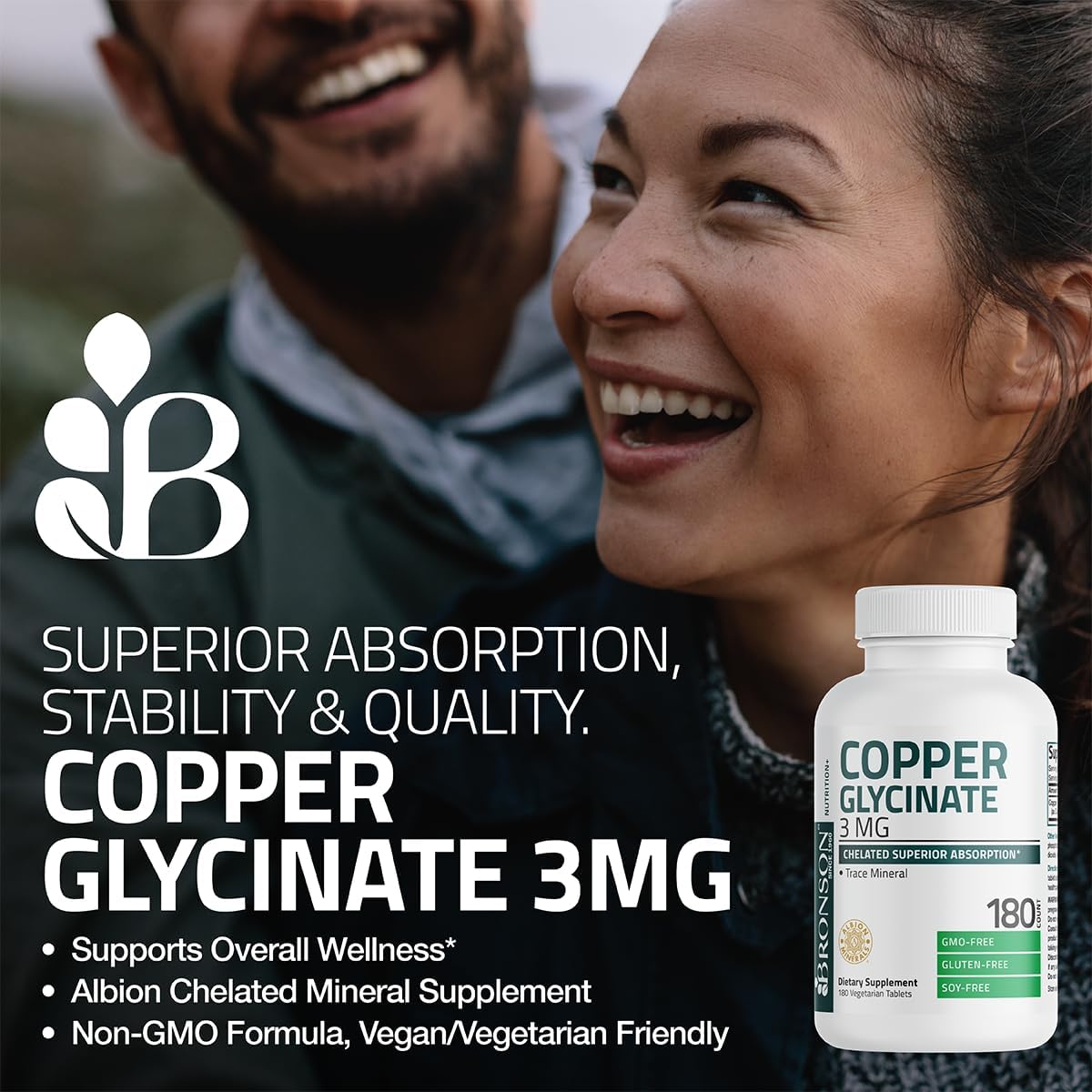 180 Vegetarian Tablets of Bronson Copper Glycinate 3 MG Chelated for Superior Absorption - Non-GMO Formula