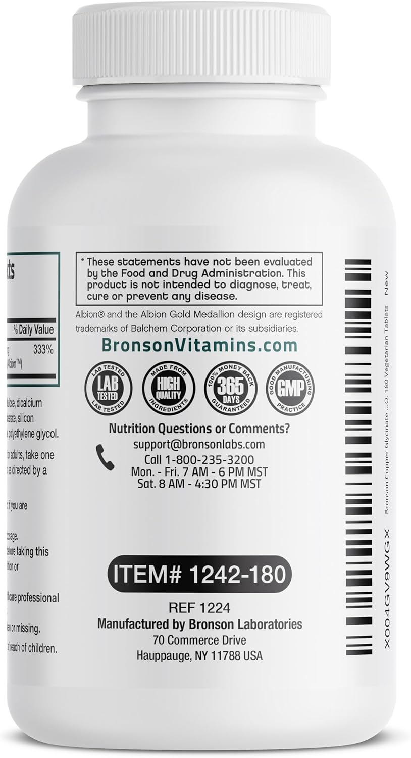 180 Vegetarian Tablets of Bronson Copper Glycinate 3 MG Chelated for Superior Absorption - Non-GMO Formula