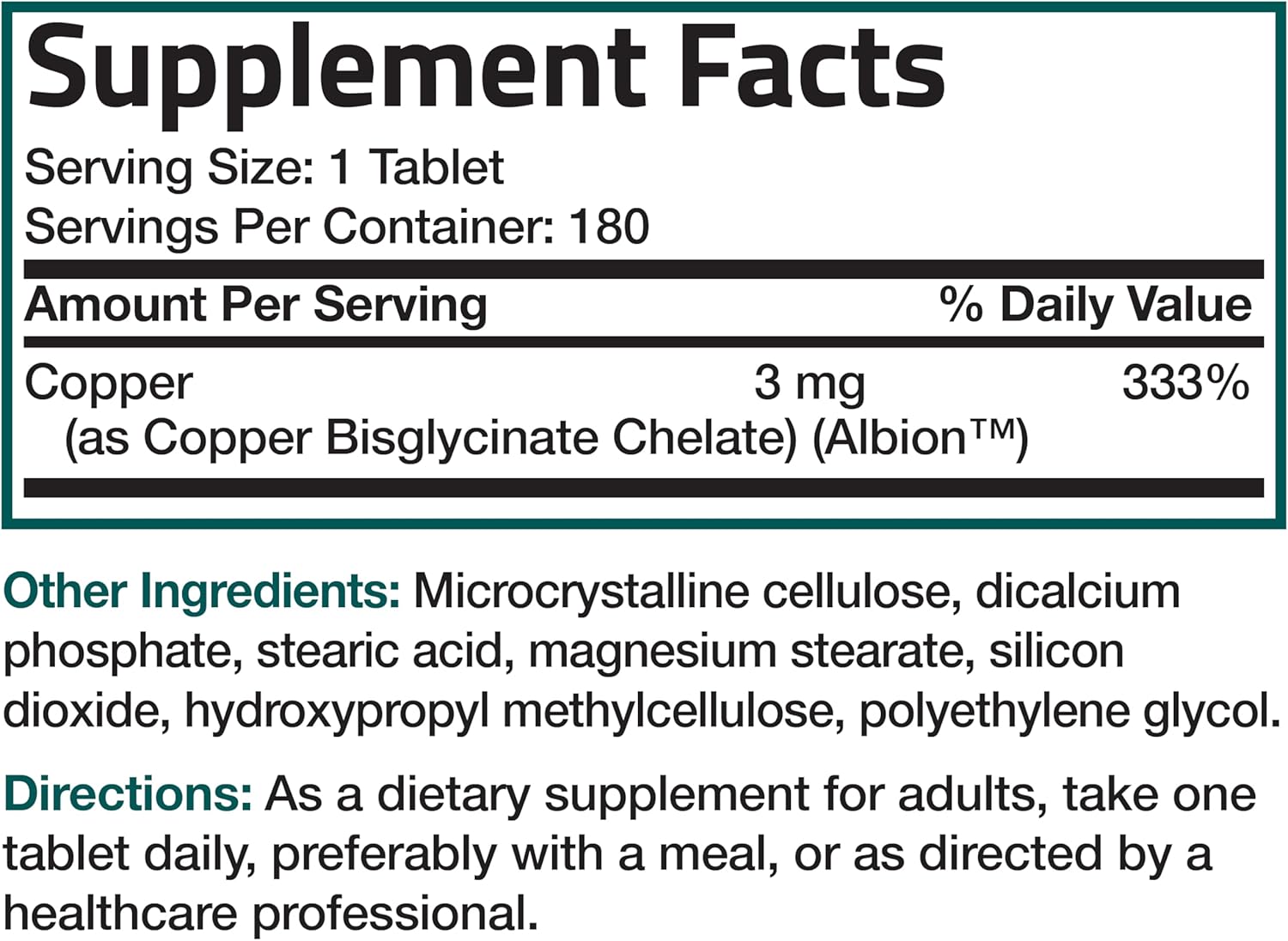 180 Vegetarian Tablets of Bronson Copper Glycinate 3 MG Chelated for Superior Absorption - Non-GMO Formula